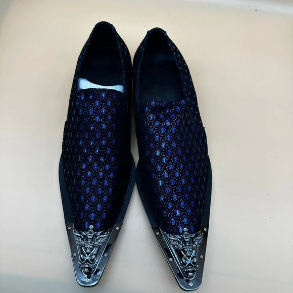 Santimon Men's US 9.5 Black/Blue Leather Metal Tip Western Loafers Dress Shoes